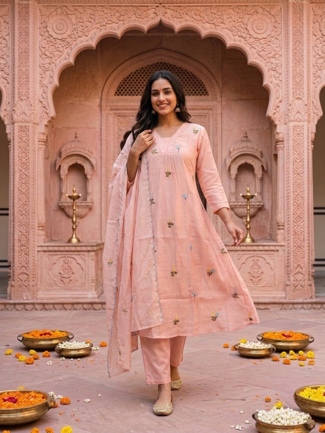 Baby Pink Solid Chanderi Silk A-Line Kurta Set with Floral Thread Embroidery, Beadwork, Pant & Scalloped Dupatta