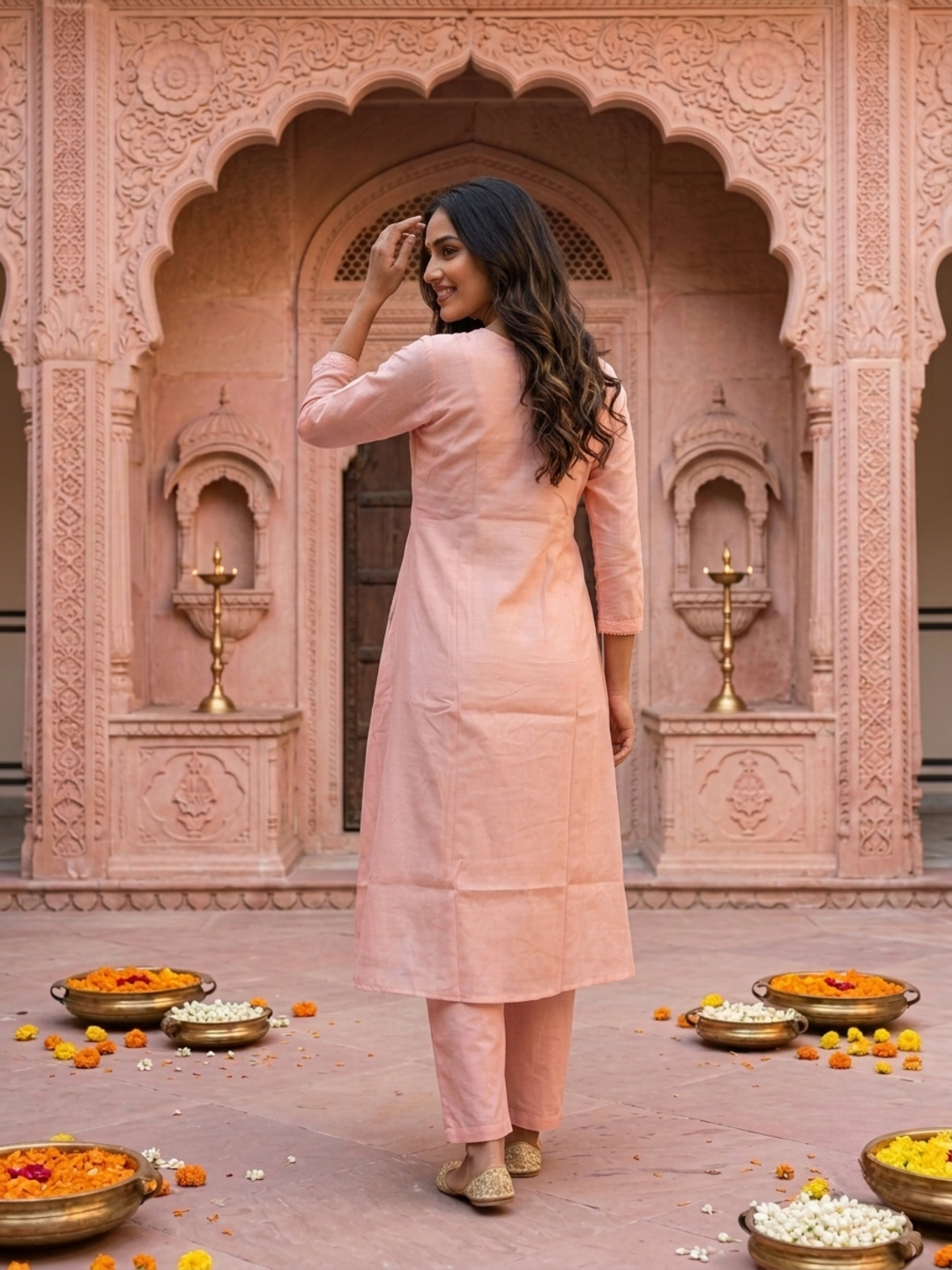 Baby Pink Solid Chanderi Silk A-Line Kurta Set with Floral Thread Embroidery, Beadwork, Pant & Scalloped Dupatta