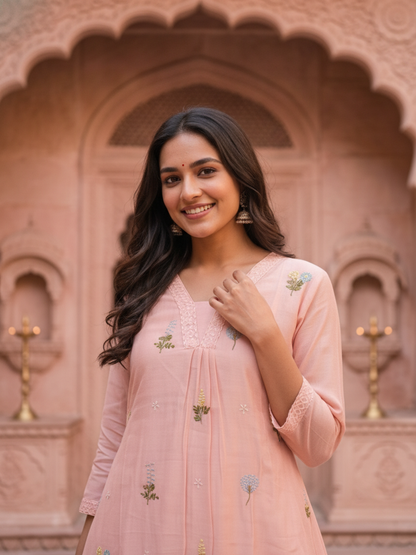 Baby Pink Solid Chanderi Silk A-Line Kurta Set with Floral Thread Embroidery, Beadwork, Pant & Scalloped Dupatta