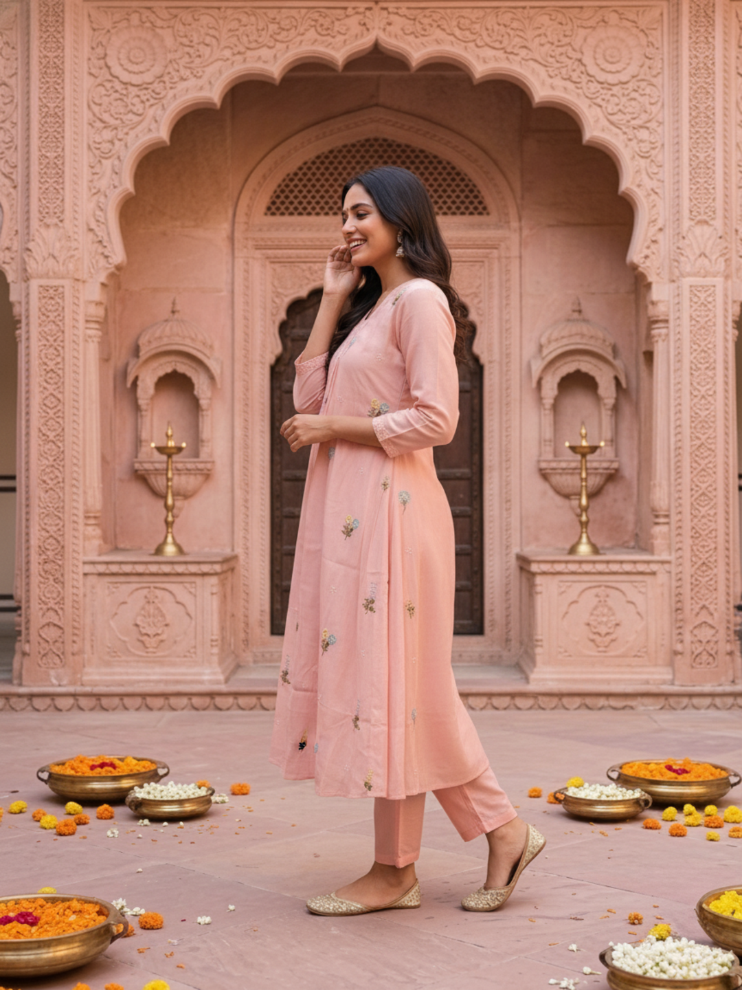 Baby Pink Solid Chanderi Silk A-Line Kurta Set with Floral Thread Embroidery, Beadwork, Pant & Scalloped Dupatta