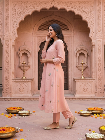 Baby Pink Solid Chanderi Silk A-Line Kurta Set with Floral Thread Embroidery, Beadwork, Pant & Scalloped Dupatta