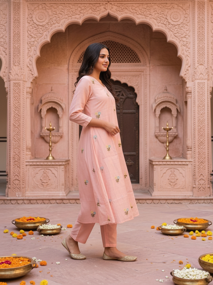 Baby Pink Solid Chanderi Silk A-Line Kurta Set with Floral Thread Embroidery, Beadwork, Pant & Scalloped Dupatta