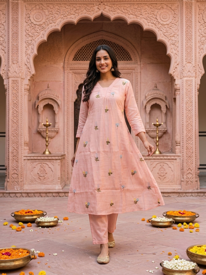 Baby Pink Solid Chanderi Silk A-Line Kurta Set with Floral Thread Embroidery, Beadwork, Pant & Scalloped Dupatta