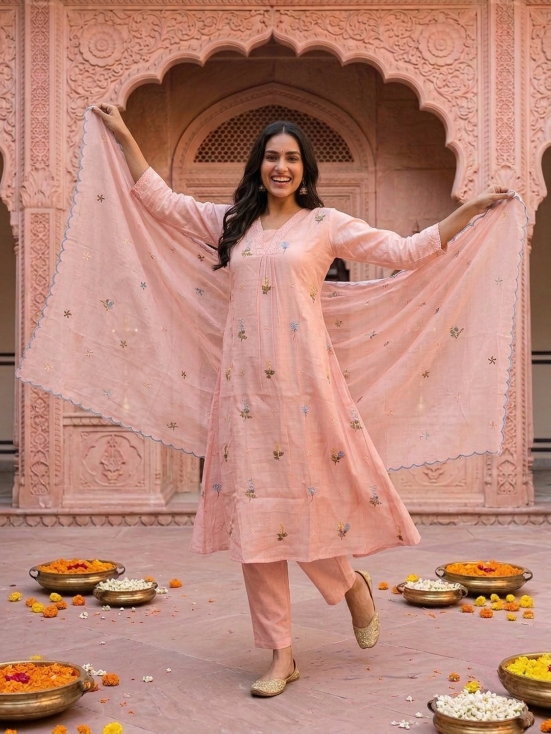 Baby Pink Solid Chanderi Silk A-Line Kurta Set with Floral Thread Embroidery, Beadwork, Pant & Scalloped Dupatta