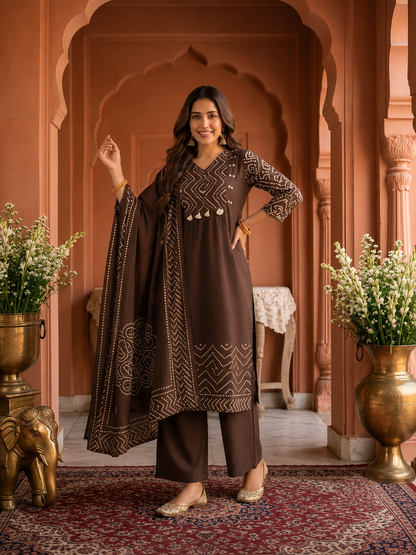 Coffee Brown Bandhani Print Cotton A-Line Kurta Set with Mirror Work, Palazzo & Printed Dupatta