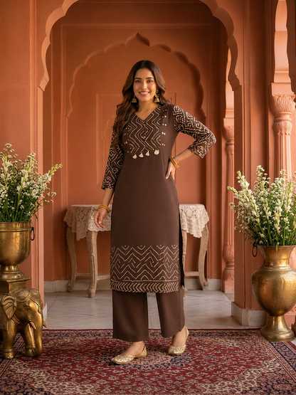 Coffee Brown Bandhani Print Cotton A-Line Kurta Set with Mirror Work, Palazzo & Printed Dupatta
