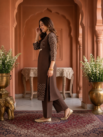 Coffee Brown Bandhani Print Cotton A-Line Kurta Set with Mirror Work, Palazzo & Printed Dupatta