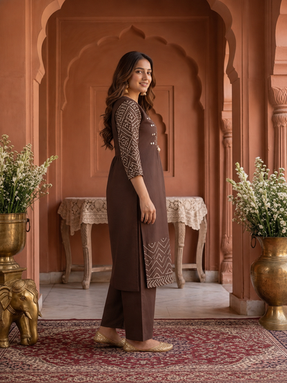 Coffee Brown Bandhani Print Cotton A-Line Kurta Set with Mirror Work, Palazzo & Printed Dupatta