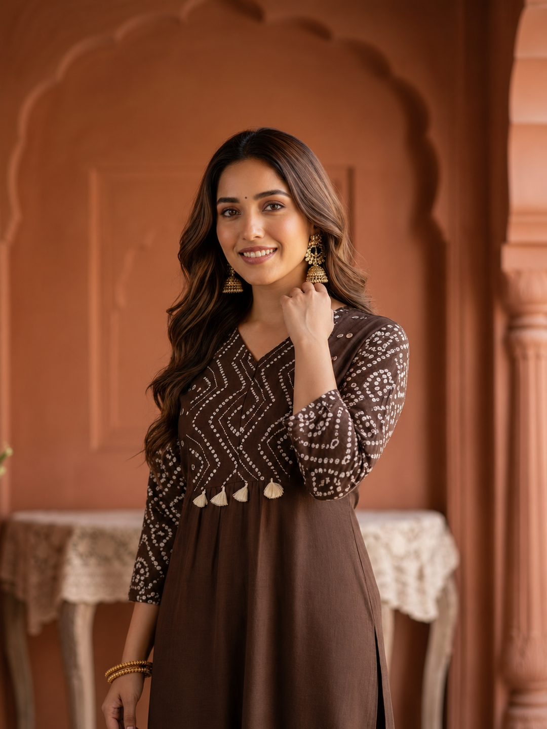 Coffee Brown Bandhani Print Cotton A-Line Kurta Set with Mirror Work, Palazzo & Printed Dupatta