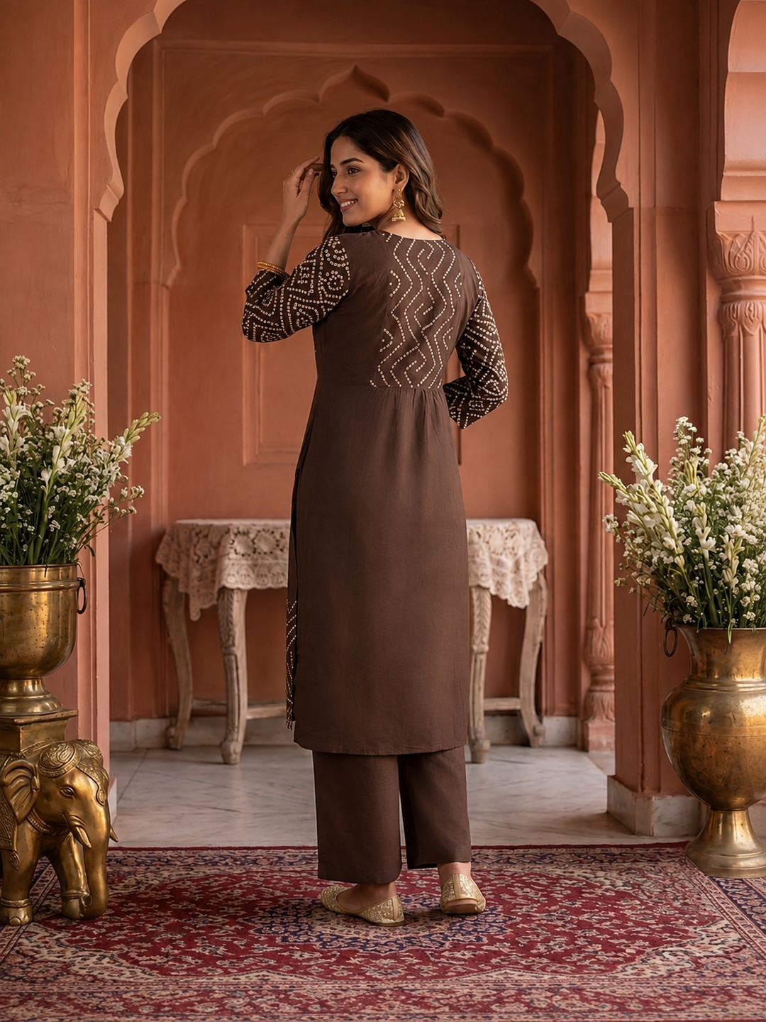 Coffee Brown Bandhani Print Cotton A-Line Kurta Set with Mirror Work, Palazzo & Printed Dupatta
