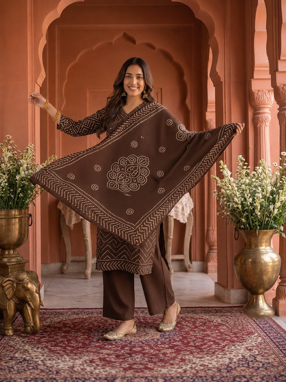 Coffee Brown Bandhani Print Cotton A-Line Kurta Set with Mirror Work, Palazzo & Printed Dupatta