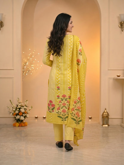 Pastel Yellow Ethnic Floral Print Cotton Straight Kurta Set with Cutdana Embroidery, Pant & Printed Dupatta