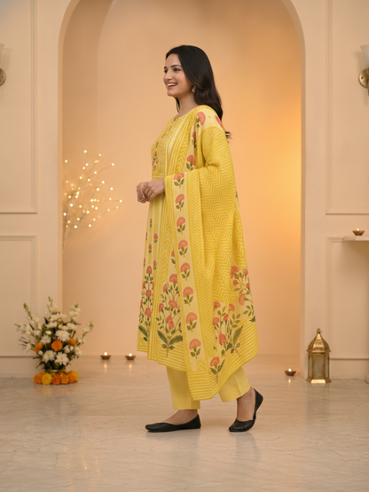 Pastel Yellow Ethnic Floral Print Cotton Straight Kurta Set with Cutdana Embroidery, Pant & Printed Dupatta