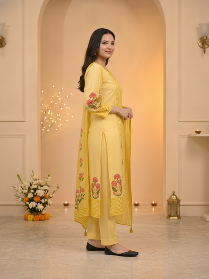 Pastel Yellow Ethnic Floral Print Cotton Straight Kurta Set with Cutdana Embroidery, Pant & Printed Dupatta
