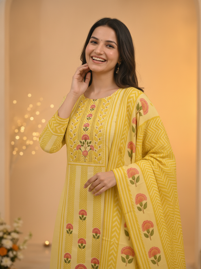 Pastel Yellow Ethnic Floral Print Cotton Straight Kurta Set with Cutdana Embroidery, Pant & Printed Dupatta