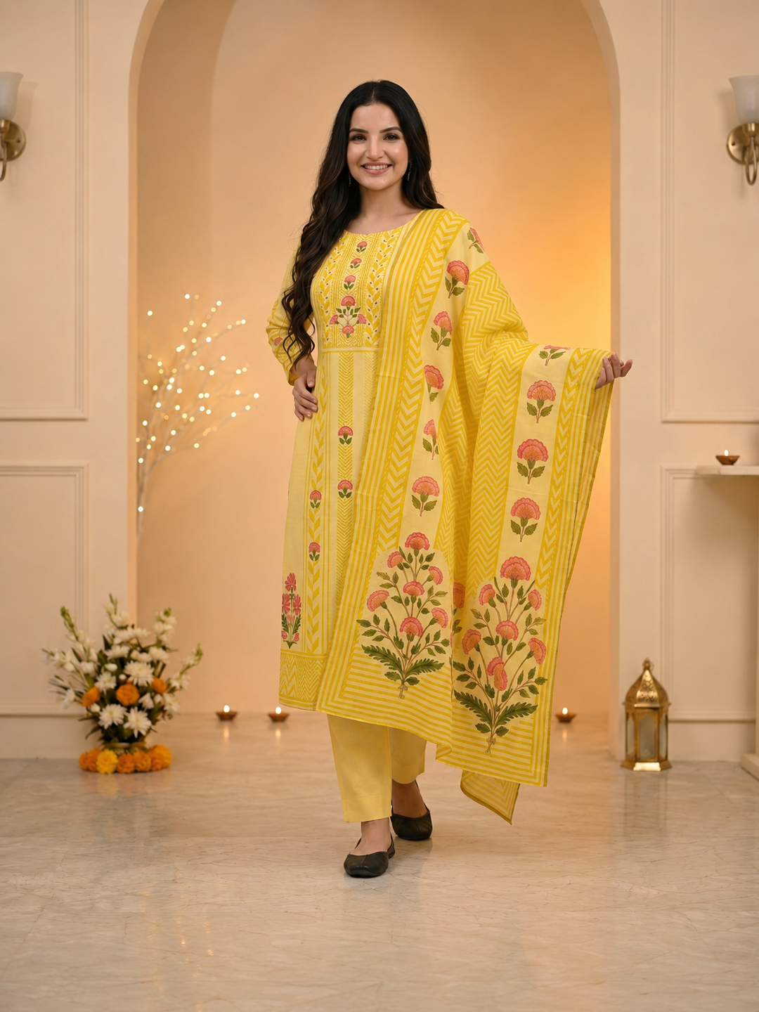 Pastel Yellow Ethnic Floral Print Cotton Straight Kurta Set with Cutdana Embroidery, Pant & Printed Dupatta