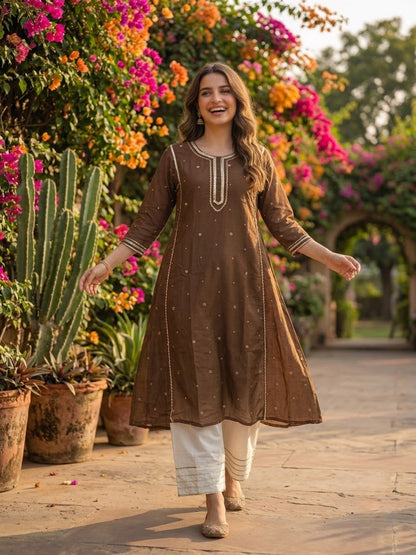Coffee Brown Solid Cotton Mulmul A-Line Kurta Set with Gota & Mirror Work, Lace Detail & White Salwar