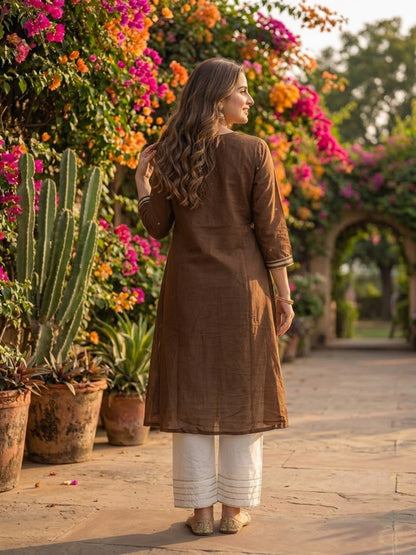 Coffee Brown Solid Cotton Mulmul A-Line Kurta Set with Gota & Mirror Work, Lace Detail & White Salwar