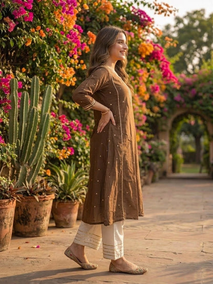 Coffee Brown Solid Cotton Mulmul A-Line Kurta Set with Gota & Mirror Work, Lace Detail & White Salwar