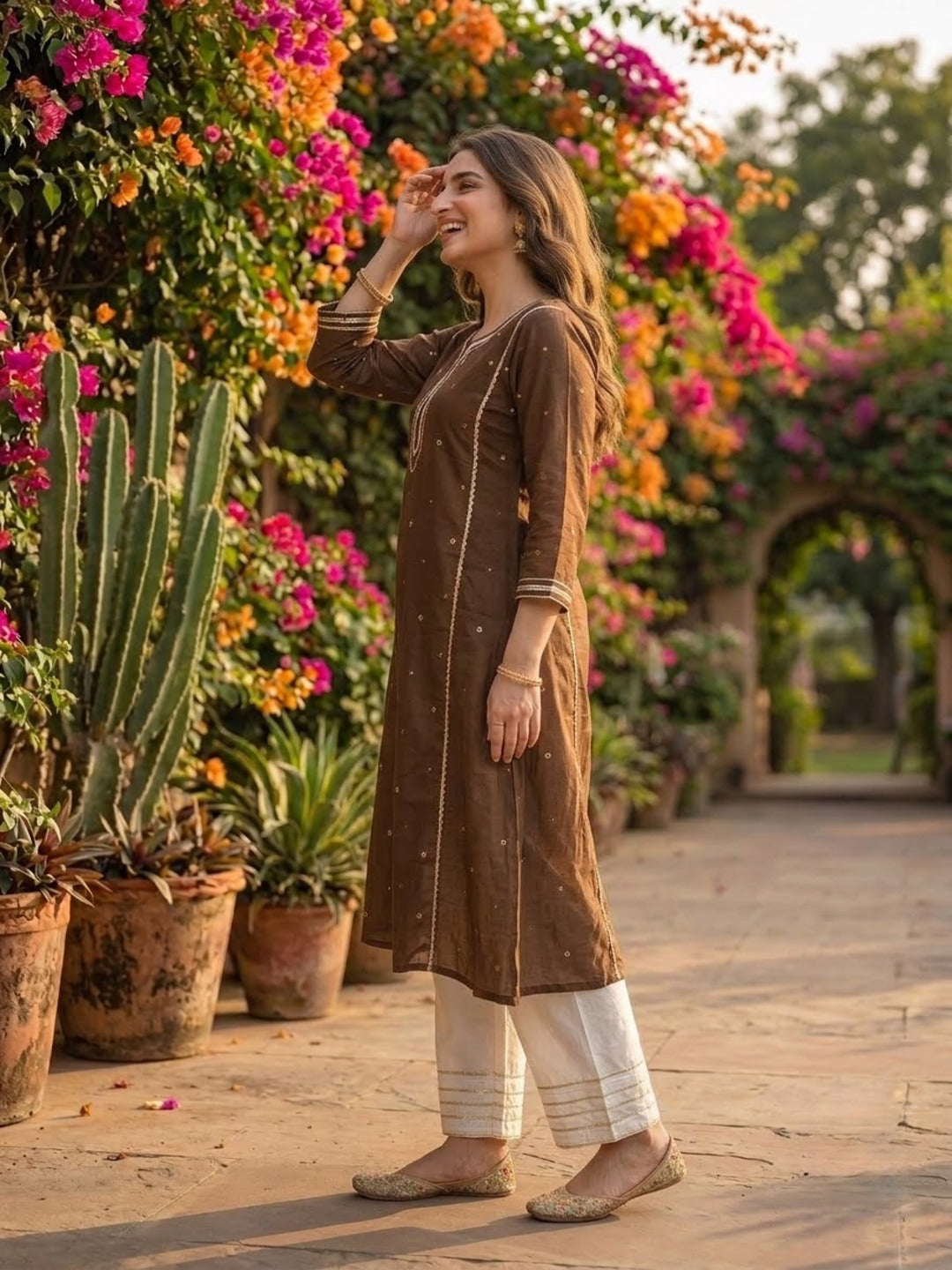 Coffee Brown Solid Cotton Mulmul A-Line Kurta Set with Gota & Mirror Work, Lace Detail & White Salwar