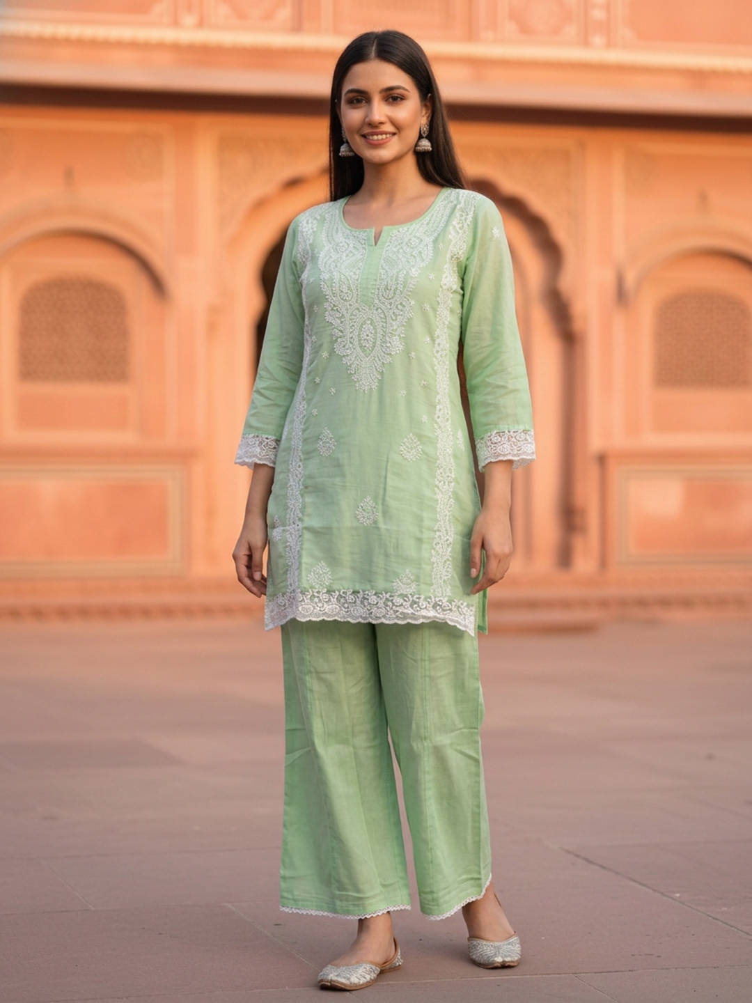 Mint Green Solid Cotton Chikankari Straight Kurta Set with Palazzo & Solid Pure Cotton Dupatta