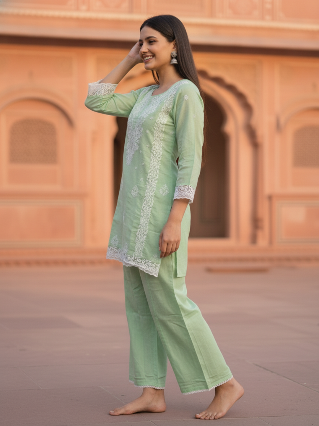 Mint Green Solid Cotton Chikankari Straight Kurta Set with Palazzo & Solid Pure Cotton Dupatta