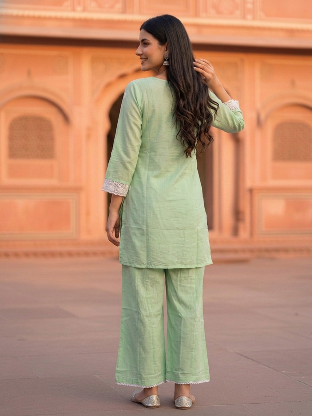 Mint Green Solid Cotton Chikankari Straight Kurta Set with Palazzo & Solid Pure Cotton Dupatta
