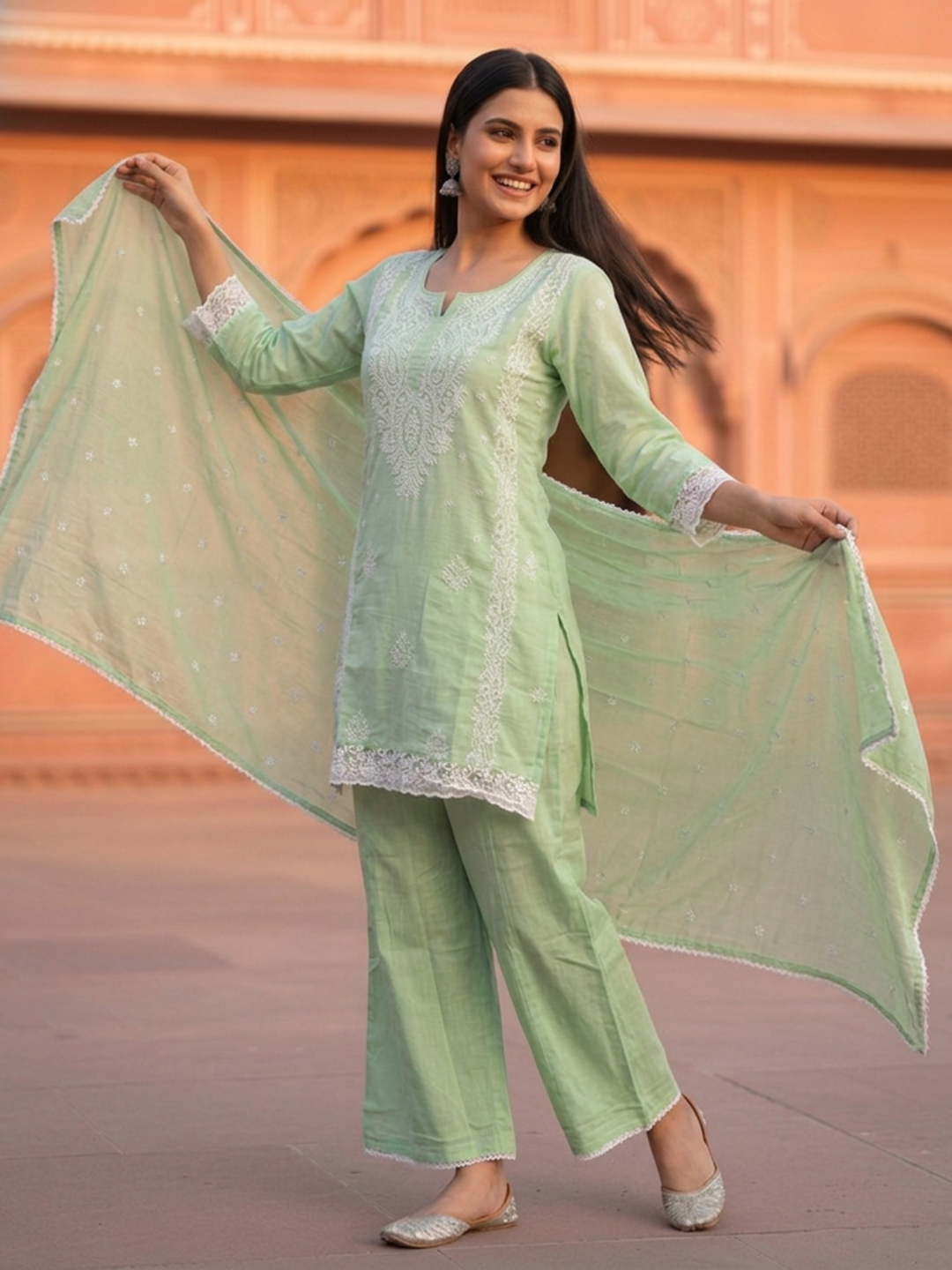 Mint Green Solid Cotton Chikankari Straight Kurta Set with Palazzo & Solid Pure Cotton Dupatta