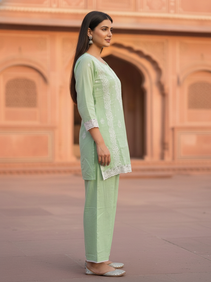 Mint Green Solid Cotton Chikankari Straight Kurta Set with Palazzo & Solid Pure Cotton Dupatta