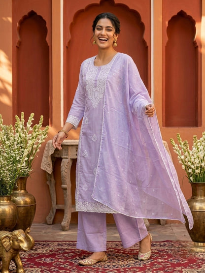 Purple Cotton Mulmul Chikankari Straight Kurta Set with Palazzo & Embroidered Dupatta