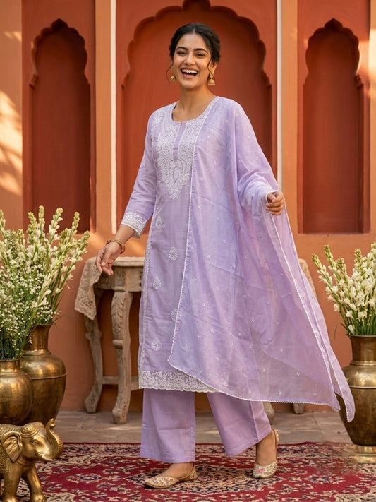 Purple Cotton Mulmul Chikankari Straight Kurta Set with Palazzo & Embroidered Dupatta