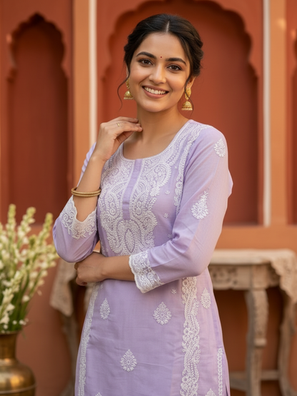 Purple Cotton Mulmul Chikankari Straight Kurta Set with Palazzo & Embroidered Dupatta