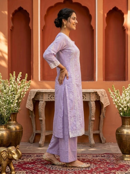 Purple Cotton Mulmul Chikankari Straight Kurta Set with Palazzo & Embroidered Dupatta
