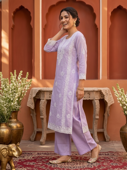 Purple Cotton Mulmul Chikankari Straight Kurta Set with Palazzo & Embroidered Dupatta