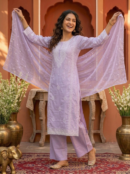 Purple Cotton Mulmul Chikankari Straight Kurta Set with Palazzo & Embroidered Dupatta