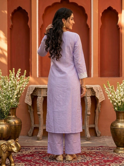 Purple Cotton Mulmul Chikankari Straight Kurta Set with Palazzo & Embroidered Dupatta