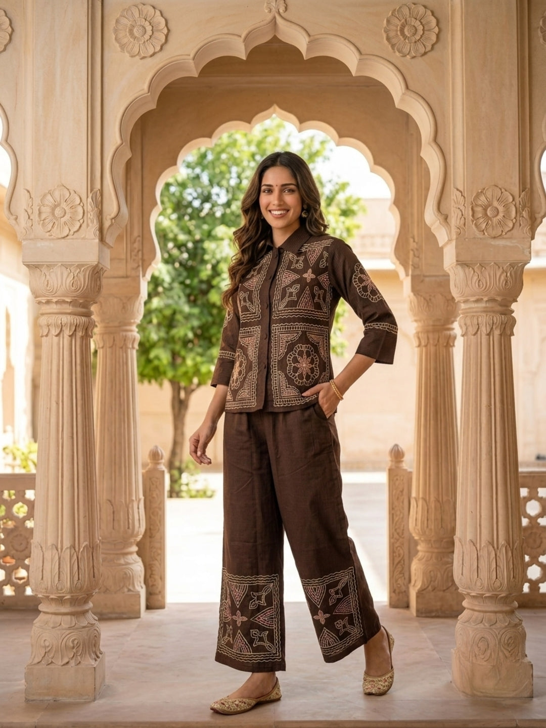 Coffee Brown Solid Cotton Straight Fit Co-ord Set with Ethnic Embroidery, Shirt Collar & Seersucker Palazzo