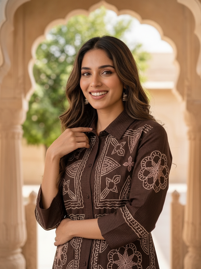 Coffee Brown Solid Cotton Straight Fit Co-ord Set with Ethnic Embroidery, Shirt Collar & Seersucker Palazzo