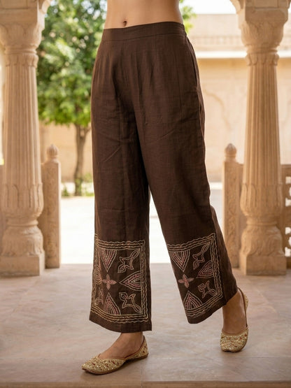 Coffee Brown Solid Cotton Straight Fit Co-ord Set with Ethnic Embroidery, Shirt Collar & Seersucker Palazzo