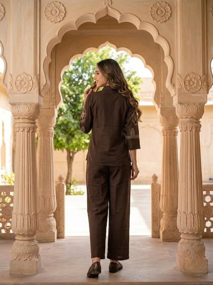 Coffee Brown Solid Cotton Straight Fit Co-ord Set with Ethnic Embroidery, Shirt Collar & Seersucker Palazzo