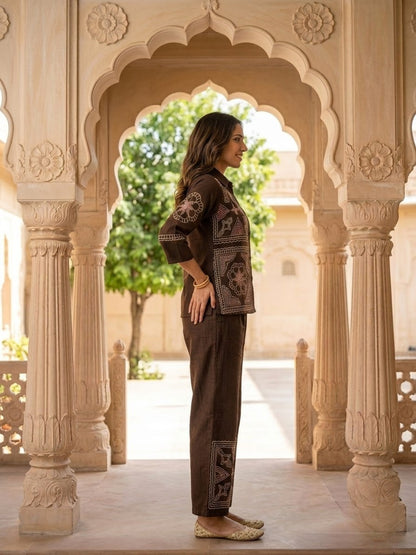 Coffee Brown Solid Cotton Straight Fit Co-ord Set with Ethnic Embroidery, Shirt Collar & Seersucker Palazzo
