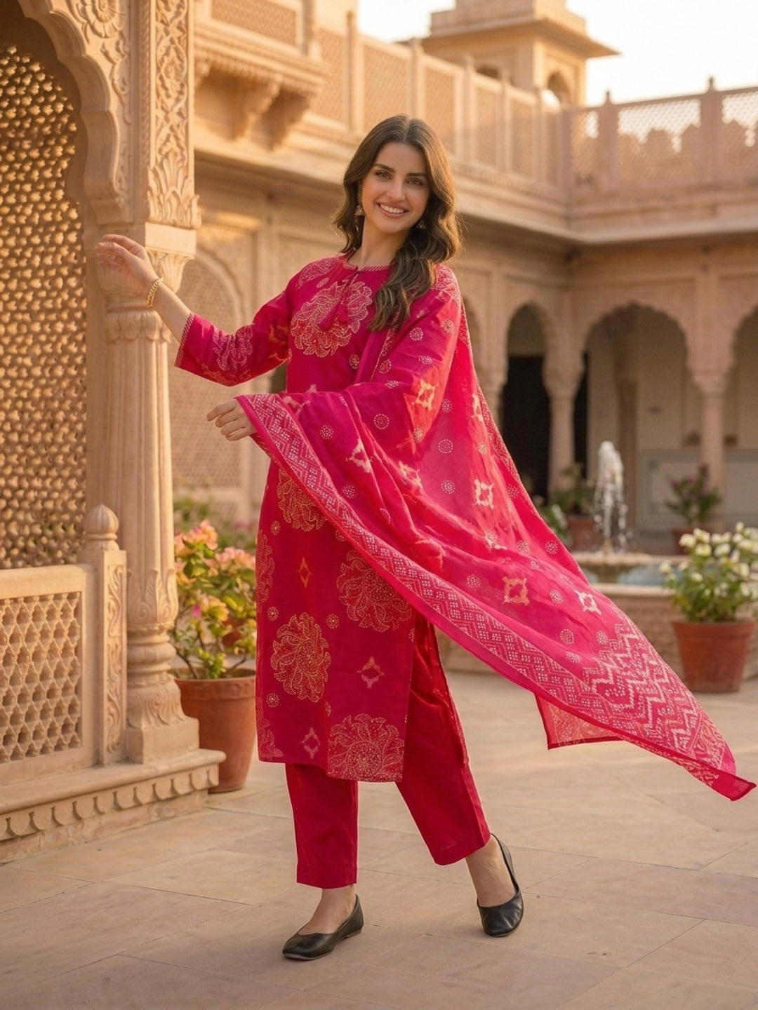 Fuchsia Bandhani Print Cotton Straight Kurta Set with Zari Embroidery, Pink Pant & Printed Dupatta