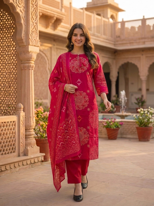 Fuchsia Bandhani Print Cotton Straight Kurta Set with Zari Embroidery, Pink Pant & Printed Dupatta