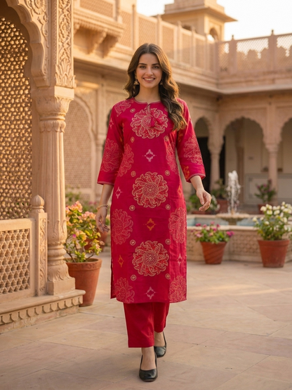 Fuchsia Bandhani Print Cotton Straight Kurta Set with Zari Embroidery, Pink Pant & Printed Dupatta