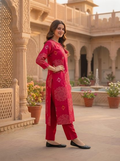 Fuchsia Bandhani Print Cotton Straight Kurta Set with Zari Embroidery, Pink Pant & Printed Dupatta