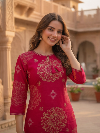 Fuchsia Bandhani Print Cotton Straight Kurta Set with Zari Embroidery, Pink Pant & Printed Dupatta