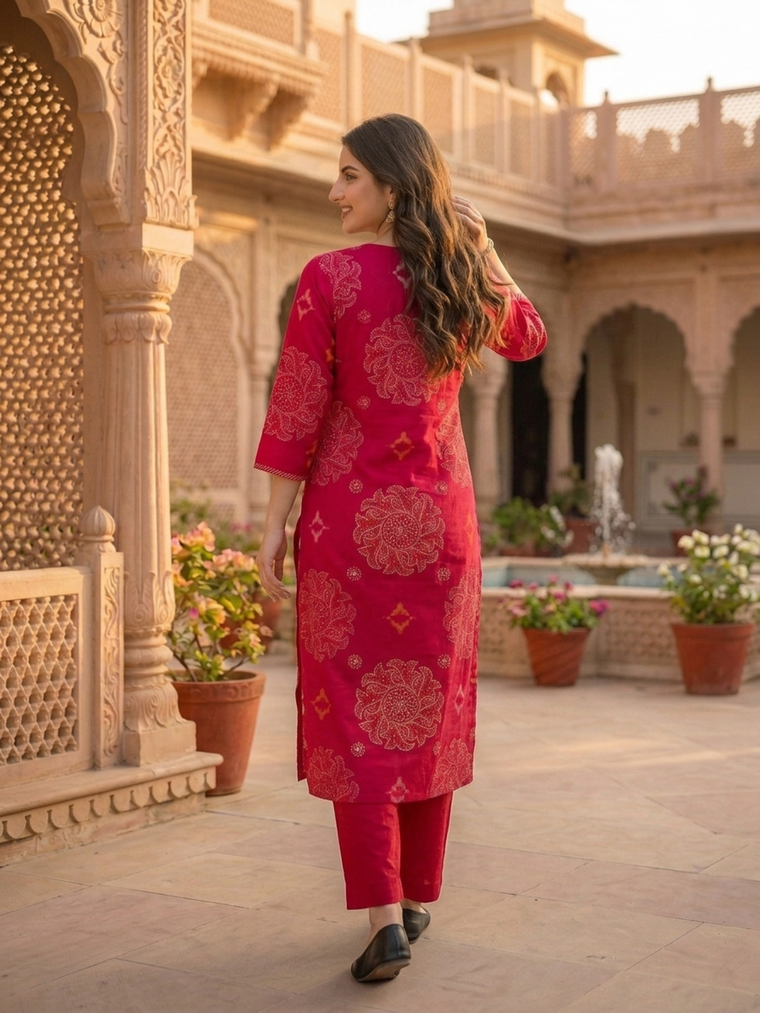 Fuchsia Bandhani Print Cotton Straight Kurta Set with Zari Embroidery, Pink Pant & Printed Dupatta