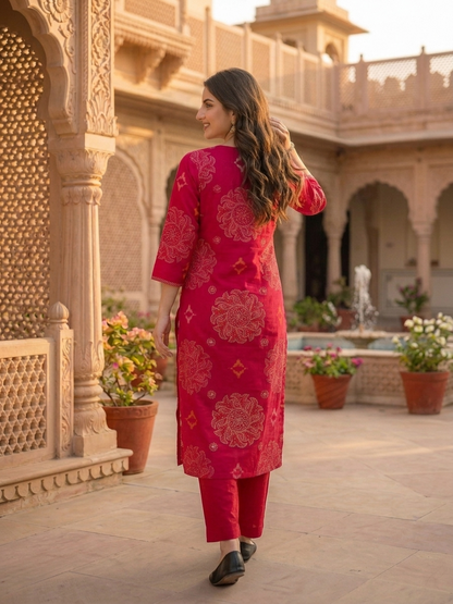 Fuchsia Bandhani Print Cotton Straight Kurta Set with Zari Embroidery, Pink Pant & Printed Dupatta