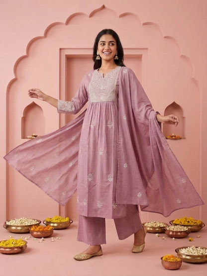 Mauve Solid Cotton A-Line Pleated Kurta Set with Floral Embroidered Yoke, Pant & Embroidered Mulmul Dupatta