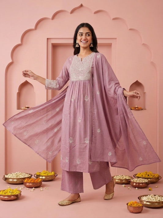 Mauve Solid Cotton A-Line Pleated Kurta Set with Floral Embroidered Yoke, Pant & Embroidered Mulmul Dupatta